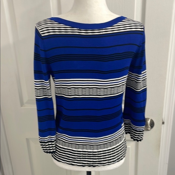 Elegant Striped Sweater in Blue Black & White 3/4 Bell Sleeves Boat Neck Size S - Picture 5 of 12